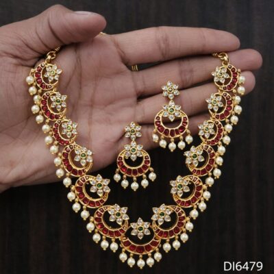 DI6479 primium quality Chandrika Ruby Pearl Necklace Set