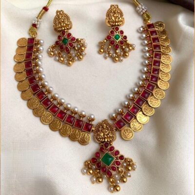 Diva Inspire Traditional Temple Coin Necklace Set with Ruby & Green Stone