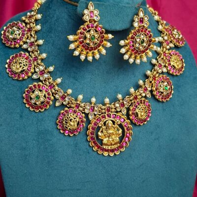 Diva Inspire Traditional Lakshmi Temple Necklace Set with Ruby Pink Stones, Green Kemp Stone & Pearl Drops