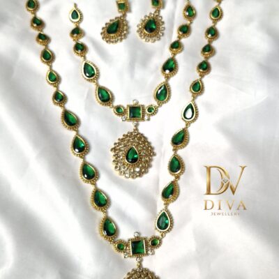 Diva Inspire Emerald Teardrop Pendant Long and short combo Necklace Set with Zircon Elegance