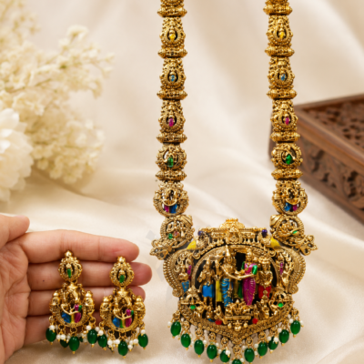 Diva Inspire Royal Ram Darbar Temple Haram Set with Jhumka Earrings