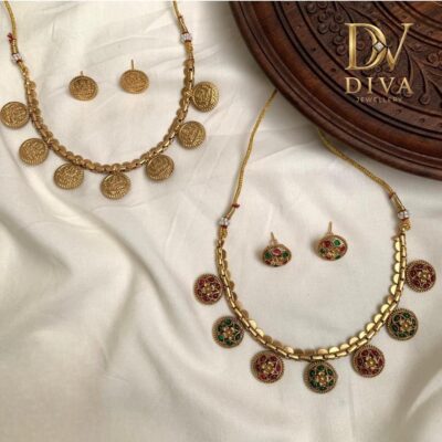 Diva Inspire Traditional both side Coin Necklace Set for Women | Antique Gold-Plated Lakshmi Coin Haram with Matching Stud Earrings
