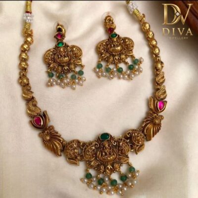Diva Inspire Lakshmi Lotus Temple Necklace Set with Pearl & Green Beads